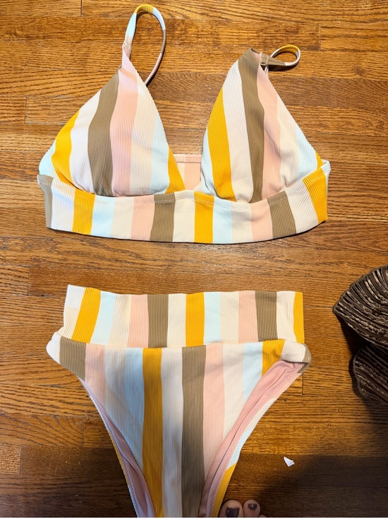aerie Other - aerie Striped Triangle Bikini Set in Mustard, Pink, Blue, Cream, Olive